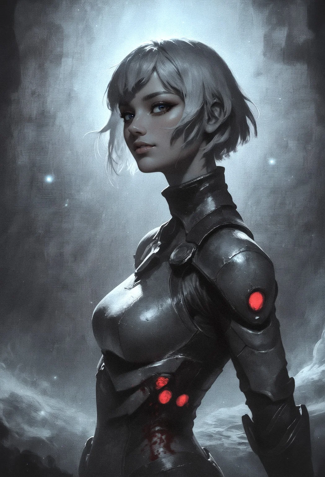 score_9, score_8_up, score_7_up, portrait, 1girl, side view, short hair, white hair, standing, posing, seductive, looking at viewer, bright particles, darkness, bright red particles, red blood, black theme, detailed background, smirk, high contrast, female silhouette <lora:pony/twilight_style:0.8> concept art, realistic, (monochrome:1.1) <lora:pony/xenotrip13:0.4> xenotr1p <lora:pony/spirit_animals:0.4> Spirit Animal
