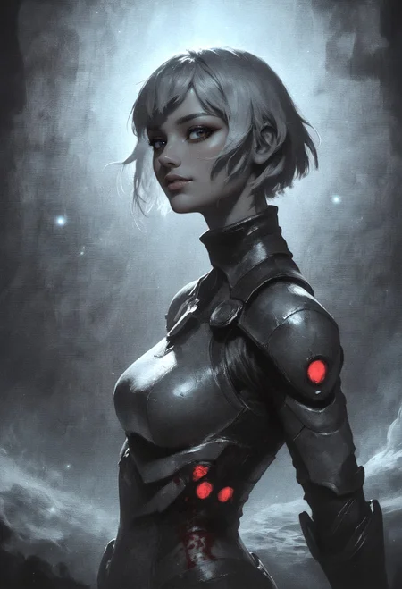score_9, score_8_up, score_7_up,  portrait, 1girl, side view, short hair, white hair, standing, posing, seductive, looking at viewer, bright particles, darkness, bright red particles, red blood, black theme, detailed background, smirk, high contrast, female silhouette   <lora:pony/twilight_style:0.8> concept art, realistic, (monochrome:1.1) <lora:pony/xenotrip13:0.4> xenotr1p <lora:pony/spirit_animals:0.4> Spirit Animal