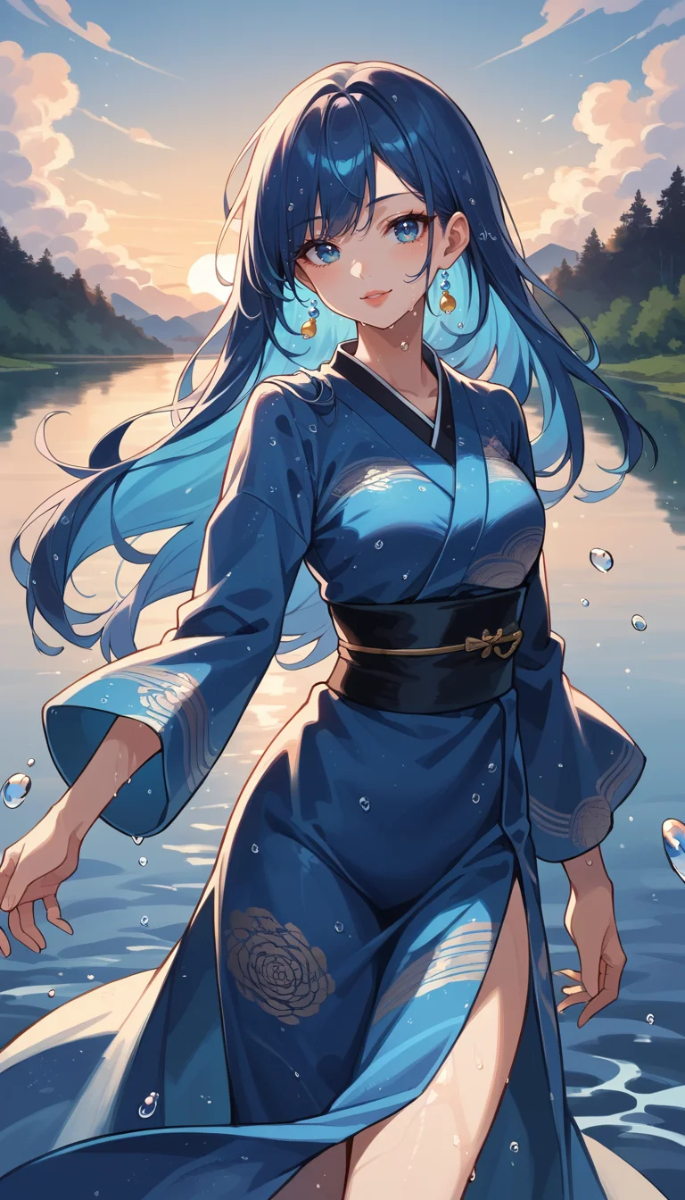 score_9, score_8_up, score_7_up, Anime Style, Cowboy Shot, girl, cute, seductive, innocent, light smile:0.3, plump lips, slender body, floating blue hair, long hair, water:0.7, waterdrop, wet, high detailed blue kimono texture, intricate pattern, ultra detailed, textured clothing, softlight passing through hair, sunset, lake background, depth of field, dynamic angle, fashion photography, sharp, hyperdetailed:1.15