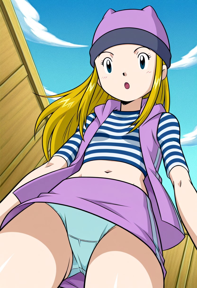 zPDXLx, mur4k4mi-ip,anime screencap, anime art style, digimon frontier, izumi orimoto, zoe orimoto, 1girl, solo, blonde hair, underwear, panties, striped, midriff, hat, upskirt, pantyshot, skirt, blue eyes, striped shirt, sky, vest, purple vest