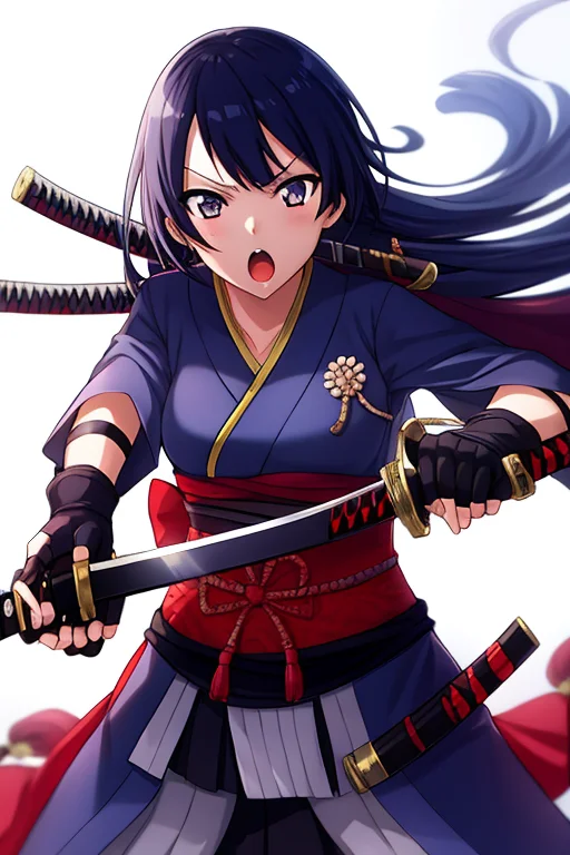 (weapon:0.998), (long_hair:0.996), (sword:0.996), (1girl:0.994), (fingerless_gloves:0.987), (solo:0.976), (japanese_clothes:0.971), (gloves:0.958), (katana:0.949), (holding:0.926), (sheath:0.912), (open_mouth:0.886), (unsheathing:0.880), (holding_weapon:0.812), (kimono:0.807), (holding_sword:0.799), (very_long_hair:0.797)