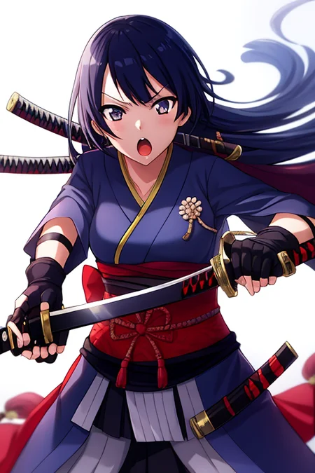 (weapon:0.998), (long_hair:0.996), (sword:0.996), (1girl:0.994), (fingerless_gloves:0.987), (solo:0.976), (japanese_clothes:0.971), (gloves:0.958), (katana:0.949), (holding:0.926), (sheath:0.912), (open_mouth:0.886), (unsheathing:0.880), (holding_weapon:0.812), (kimono:0.807), (holding_sword:0.799), (very_long_hair:0.797)