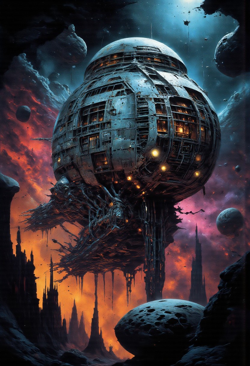 A derelict, lonely spaceship floats silently in the vast emptiness of space, its retrofuturistic design a mix of sleek high-tech panels and aging metallic structures. The hull is battered and scorched, with sections torn open, revealing intricate internal systems glowing faintly in hues of cyan and amber. The ship's lights flicker intermittently, casting eerie, rhythmic flashes across its damaged frame, as if signaling into the void.
Surrounding the vessel, a sprawling nebula radiates vibrant colors—swirling magentas, electric blues, and fiery oranges—contrasting against the cold blackness of space. Asteroids with jagged, pockmarked surfaces drift nearby, illuminated by the nebula’s ethereal glow. Reflections shimmer across the ship’s fractured surface, refracting light like ghostly apparitions haunting the derelict craft.
Energy sparks occasionally leap from exposed cables, their flickering glow momentarily piercing the deep shadows that envelop the ship. Stars punctuate the scene with their eternal glimmer, adding to the melancholic yet grandiose atmosphere. The composition feels both cinematic and deeply unsettling, a vivid blend of vibrant colors and tenebrous undertones that evoke an epic sense of isolation. Every detail is painted with professional precision, capturing the haunting beauty of the lonely craft drifting eternally in the vast, unending cosmos..directional lighting,best quality,masterpiece,colorful,john berkey,moebius,David Hardy