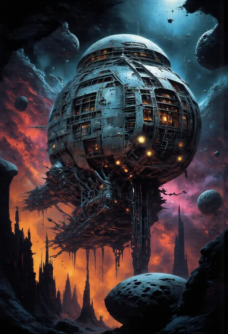 A derelict, lonely spaceship floats silently in the vast emptiness of space, its retrofuturistic design a mix of sleek high-tech panels and aging metallic structures. The hull is battered and scorched, with sections torn open, revealing intricate internal systems glowing faintly in hues of cyan and amber. The ship's lights flicker intermittently, casting eerie, rhythmic flashes across its damaged frame, as if signaling into the void.
Surrounding the vessel, a sprawling nebula radiates vibrant colors—swirling magentas, electric blues, and fiery oranges—contrasting against the cold blackness of space. Asteroids with jagged, pockmarked surfaces drift nearby, illuminated by the nebula’s ethereal glow. Reflections shimmer across the ship’s fractured surface, refracting light like ghostly apparitions haunting the derelict craft.
Energy sparks occasionally leap from exposed cables, their flickering glow momentarily piercing the deep shadows that envelop the ship. Stars punctuate the scene with their eternal glimmer, adding to the melancholic yet grandiose atmosphere. The composition feels both cinematic and deeply unsettling, a vivid blend of vibrant colors and tenebrous undertones that evoke an epic sense of isolation. Every detail is painted with professional precision, capturing the haunting beauty of the lonely craft drifting eternally in the vast, unending cosmos..directional lighting,best quality,masterpiece,colorful,john berkey,moebius,David Hardy