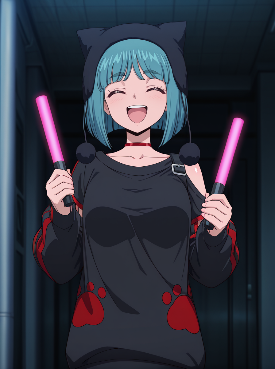 masterpiece, best quality, amazing quality, very aesthetic, absurdres, newest,shiny skin,  anime screenshot, anime coloring,  cardfight!! vanguard,  <lora:YunaSaionji:1>yunasaionji, 1girl, solo, short hair, blue hair,  choker, bangs, red choker, aqua hair, thick eyebrows,  , cat hat ,  holding glowstick,  closed eyes,  smile, open mouth,  black sweater,