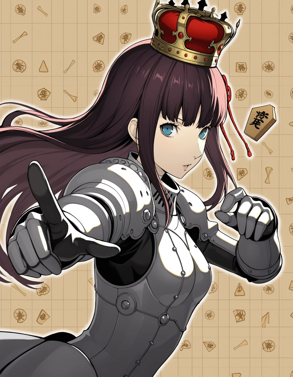 (shogi piece pattern background), 1girl, solo, tougou hifumi, persona 5, p5hifumi, from side, pointing, red hair ornament, crown, queen, armour, giving orders, speaking, dark hair, (checkerboard background:0.7), looking at viewer, masterpiece, best quality, amazing detail, high definition