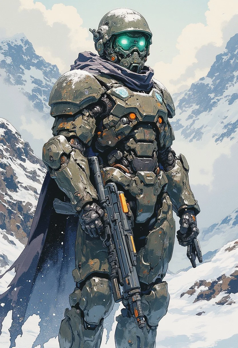 A futuristic armored warrior standing in a snowy mountain landscape, wearing heavy military-grade power armor with intricate details, glowing green eyes, and a high-tech energy rifle. The environment is cold and harsh, with snow falling and mist covering the distant peaks. The armor appears battle-worn, with scratches and weathering. A dark, tattered cape flows behind, adding a sense of mystery and power. Cinematic lighting, dramatic atmosphere, ultra-realistic textures, sci-fi military design, high detail, concept art by Craig Mullins and Raphael Lacoste