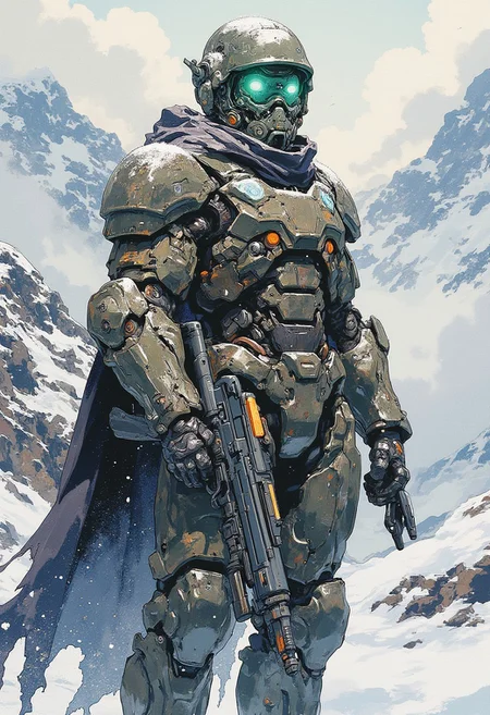 A futuristic armored warrior standing in a snowy mountain landscape, wearing heavy military-grade power armor with intricate details, glowing green eyes, and a high-tech energy rifle. The environment is cold and harsh, with snow falling and mist covering the distant peaks. The armor appears battle-worn, with scratches and weathering. A dark, tattered cape flows behind, adding a sense of mystery and power. Cinematic lighting, dramatic atmosphere, ultra-realistic textures, sci-fi military design, high detail, concept art by Craig Mullins and Raphael Lacoste