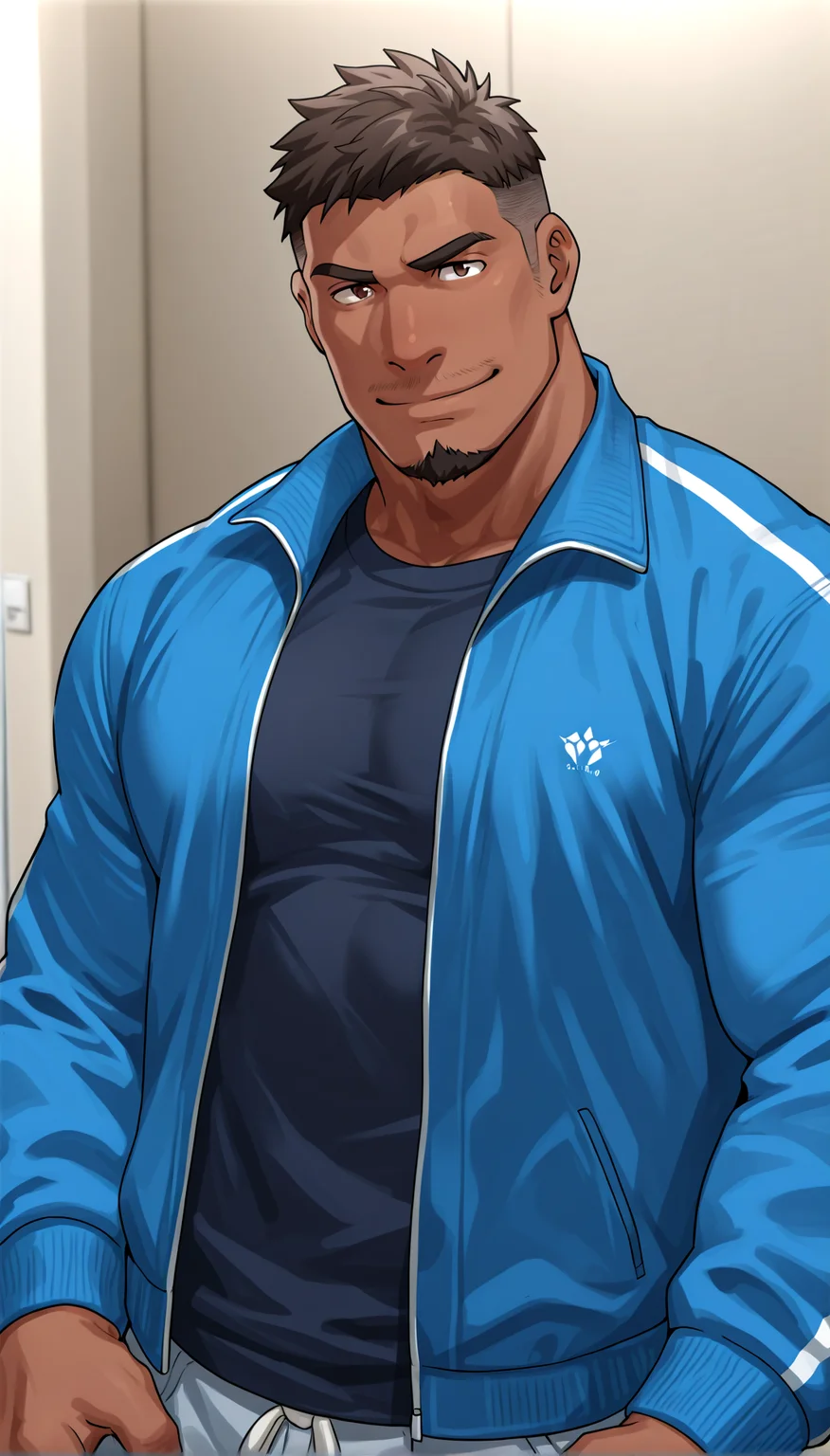 male focus,muscular,solo,bara,mature male,standing,looking at viewer,goatee,dark skin,bodily fluids,masterpiece,upper body,smile,blue jacket,<lora:sakuramaru:1>,