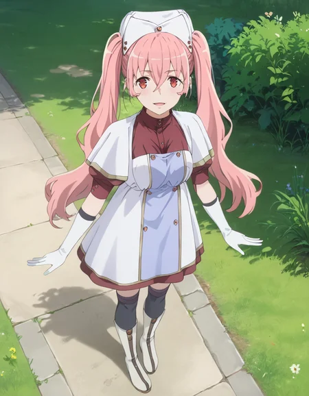 score_9, score_8_up, score_7_up, source_anime, BREAK
1girl, light smile, standing, full body, looking at viewer, simple background, from above, outdoors, grass, happy, open mouth,
heith velvet (danmachi s5), long hair, pink hair, twintails, hair between eyes, red eyes,
nurse outfit, nurse cap, red dress, white apron, puffy sleeves, short sleeves, white gloves, thighhighs, knee boots,
<lora:heith_velvet-danmachi_s5-anime-soralz:1>