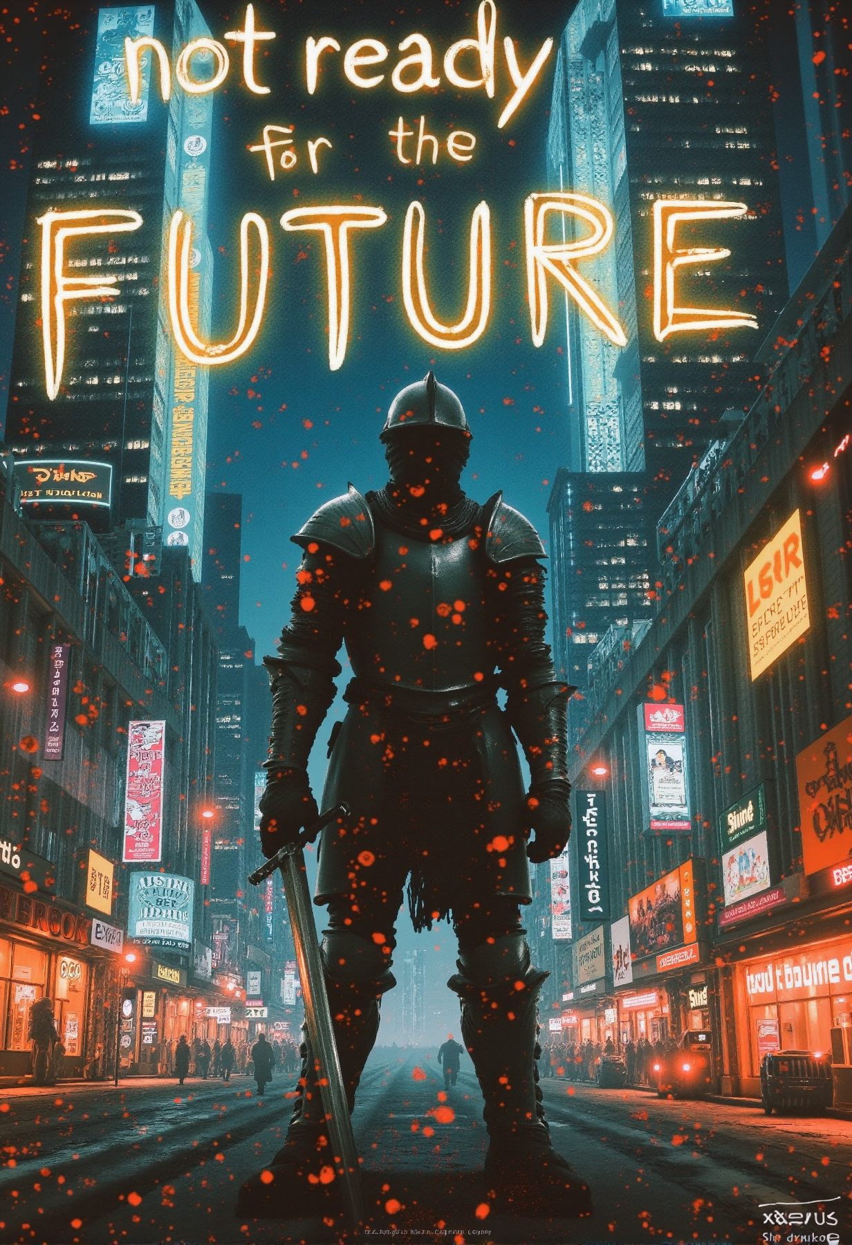 A surreal poster illustration featuring an armored medieval knight standing in a neon-lit cyberpunk cityscape at night. On the front Neon word "not ready for the FUTURE". The scene is presented in the style of a vintage 19th-century oil painting, with dramatic, detailed brushstrokes and a muted, antique color palette. The knight, holding a traditional longsword, looks out of place against the towering holographic advertisements and sleek skyscrapers that surround him, creating a striking contrast between his medieval armor and the futuristic environment. surreal photo, iridescent, aesthetic.