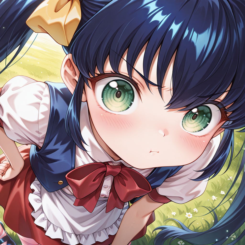 <lora:IL_arisa_Kaerunyo_Panyorn:1>,ka_pna,kae_arisa,very long hair,dark blue hair,green eyes,twintails,hair ribbon,pointy ribbon,
red bowtie,shirt,puffy short sleeve,vest,waist apron,red skirt,striped thighhighs BREAK
ribbon trimed mary janes,yellow ribbon,looking at viewer,convenient censoring,outdoors,grass,natural light,drop shadow,light particles,(face close up, zoom in:1.5),leaning forward,hand on hip,blush,a little angry,pout,, masterpiece,best quality,amazing quality,very aesthetic,absurdres,