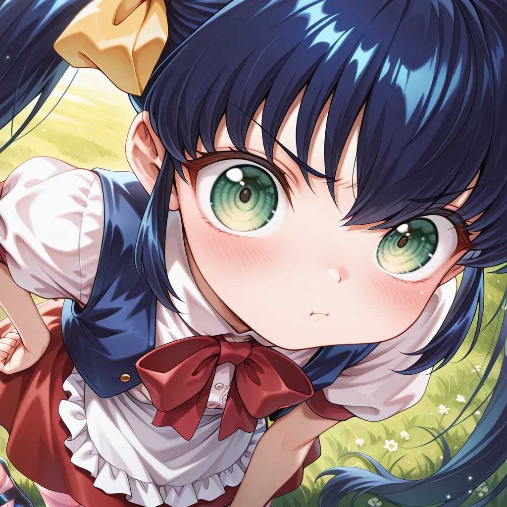 <lora:IL_arisa_Kaerunyo_Panyorn:1>,ka_pna,kae_arisa,very long hair,dark blue hair,green eyes,twintails,hair ribbon,pointy ribbon,
red bowtie,shirt,puffy short sleeve,vest,waist apron,red skirt,striped thighhighs BREAK
ribbon trimed mary janes,yellow ribbon,looking at viewer,convenient censoring,outdoors,grass,natural light,drop shadow,light particles,(face close up, zoom in:1.5),leaning forward,hand on hip,blush,a little angry,pout,, masterpiece,best quality,amazing quality,very aesthetic,absurdres,