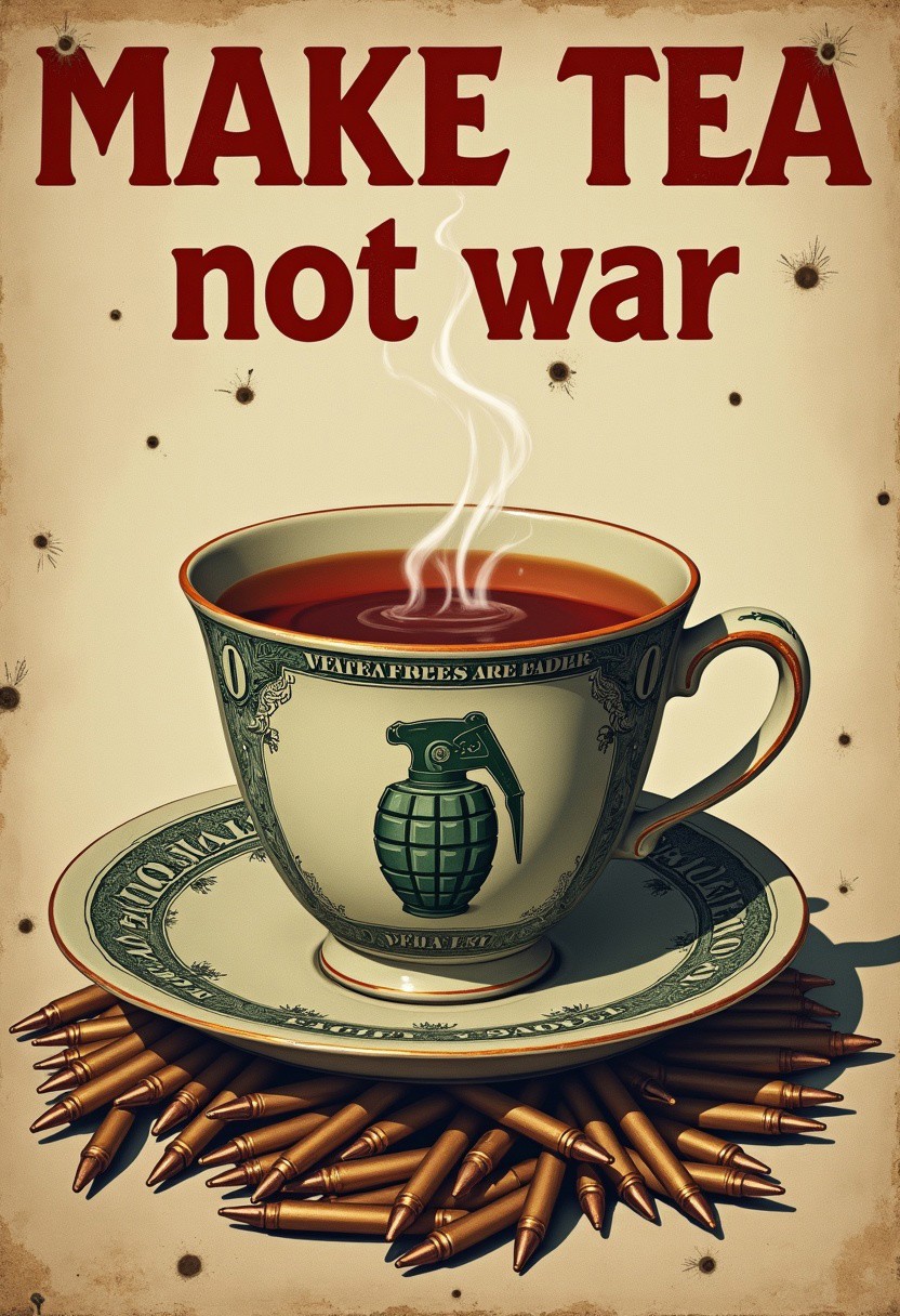 Fancy teacup with stylized motif of grenade_dollar-bill, steaming cup of tea, postwar poster riddled with bullet-holes, faded worn damaged instructional text reads "Make tea not war", on stylized pile of bullets