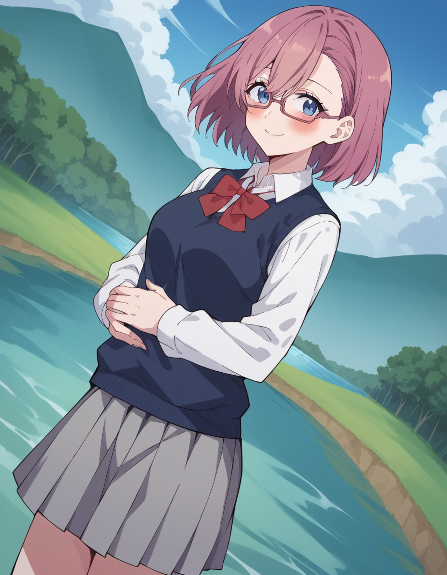 score_9, score_8_up, score_7_up, source_anime, <lora:ririsa-amano-s1-ponyxl-lora-nochekaiser_r2:1>, ririsa amano, short hair, glasses, blue eyes, pink hair, bangs, medium breasts, mature female,, skirt, bow, school uniform, jacket, pleated skirt, grey skirt, sweater vest, collared shirt,, water, lake, river, waterfall, natural, smile, hands on stomach, blush,, looking at viewer, solo,, dutch angle, cowboy shot
