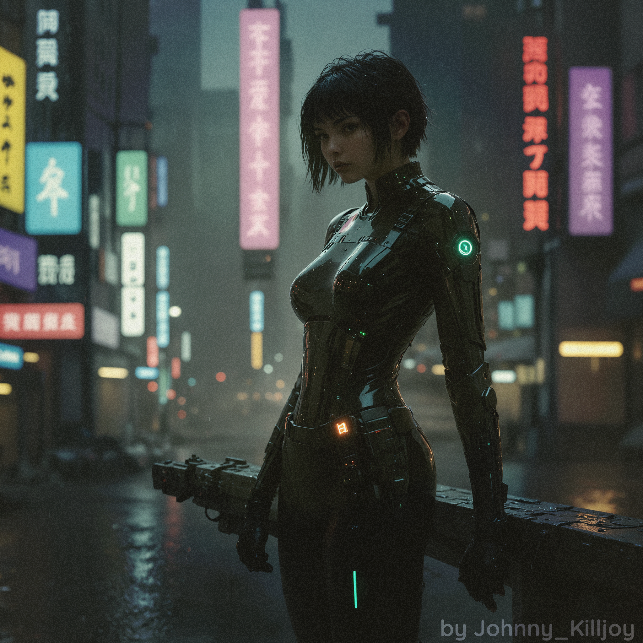 Fine art photography style, underexposed silhouette of a Cyberpunk woman, environmental light, Blade Runner / Ghost in the Shell inspired, ultra detailed, photorealistic, neon lights, (young woman), slim body, athletic build, determined expression, (short hair), (futuristic asymmetric haircut), (neural interface ports on temples), (black form-fitting bodysuit), ((neon glowing patterns on suit)), (armored plates), (fingerless gloves), (utility belt with hi-tech gadgets), (holding futuristic shotgun), (standing on ledge), (dark gritty cyberpunk megacity in background), towering skyscrapers, (holographic advertisements), (flying vehicles), (rain), (neon signs in Japanese and English), (cables and wires everywhere), Unreal Engine, Octane Render, 8k, ultra-detailed, photorealism, cinematic composition   <lora:SDXL\Desolation:0.2>, <lora:SDXL\RMSDXL_Creative:0.5>, <lora:SDXL\sd_xl_dpo_lora_v1:1>, <lora:SDXL\MJ52:0.6>, <lora:SDXL\WildcardX-XL-Detail-Enhancer:1>, embedding:OverallDetail, <lora:SDXL\EnvyBetterHiresFixXL01:1.0>, <lora:SDXL\HoloPunkXL:0.4>, <lora:SDXL\Niji_pastel_style-000006:0.5>, <lora:SDXL\Fine art photography style:0.5>,