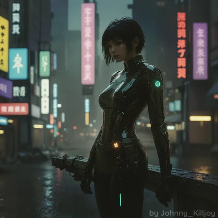 Fine art photography style, underexposed silhouette of a Cyberpunk woman, environmental light, Blade Runner / Ghost in the Shell inspired, ultra detailed, photorealistic, neon lights, (young woman), slim body, athletic build, determined expression, (short hair), (futuristic asymmetric haircut), (neural interface ports on temples), (black form-fitting bodysuit), ((neon glowing patterns on suit)), (armored plates), (fingerless gloves), (utility belt with hi-tech gadgets), (holding futuristic shotgun), (standing on ledge), (dark gritty cyberpunk megacity in background), towering skyscrapers, (holographic advertisements), (flying vehicles), (rain), (neon signs in Japanese and English), (cables and wires everywhere), Unreal Engine, Octane Render, 8k, ultra-detailed, photorealism, cinematic composition   <lora:SDXL\Desolation:0.2>, <lora:SDXL\RMSDXL_Creative:0.5>, <lora:SDXL\sd_xl_dpo_lora_v1:1>, <lora:SDXL\MJ52:0.6>, <lora:SDXL\WildcardX-XL-Detail-Enhancer:1>, embedding:OverallDetail, <lora:SDXL\EnvyBetterHiresFixXL01:1.0>, <lora:SDXL\HoloPunkXL:0.4>, <lora:SDXL\Niji_pastel_style-000006:0.5>, <lora:SDXL\Fine art photography style:0.5>,
