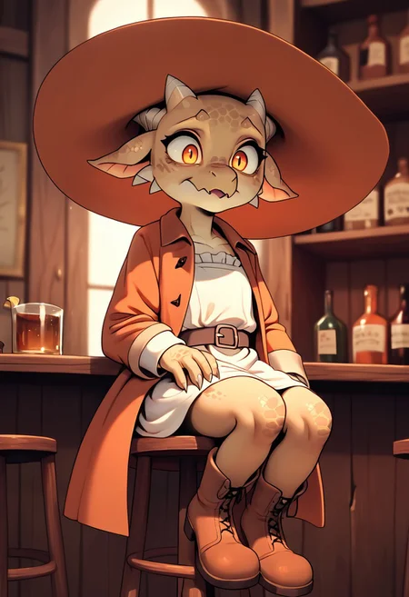 short, kobold, tan scales, two horns, orange eyes, red oversized puffy coat, big floppy sun hat, white tunic, oversized boots, orange eyes, wide eyes, crazy eyes, looking down, thousand yard stare, blank expression, sitting on stool, at bar, score_8_up, score_7_up, score_6_up, (masterpiece:1.2, best quality), (finely detailed eyes: 1.2) (ultra-detailed, hires), (detailed face, detailed eyes), (best illumination), detailed glow,