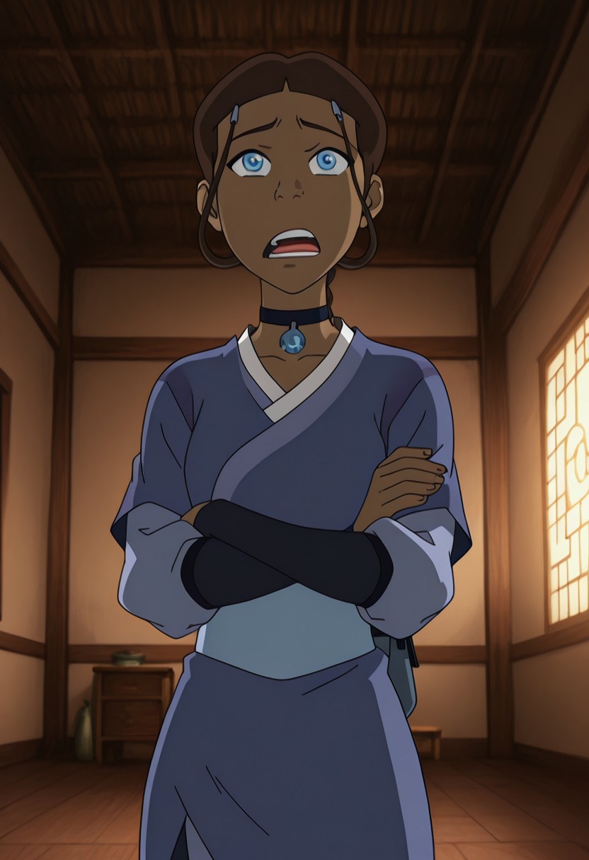 ((1girl, solo)), score_9_up, score_8_Up, score_7_up, score_6_up, 1girl, ((solo)),<lora:Katara_Illustrious_X>,1girl, (blue_eyes), katara, brown hair,dark skin, dark-skinned, dark-skinned_female, latina, brown_skin, female, choker, jewelry, hair ornament, blue_kimono, long_sleeves, water_pouch, fully_dressed, standing, arms_crossed, angry, shouting, annoyed, dismissive, indoors, teashop