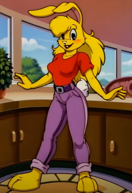 score_9, score_8_up, score_7_up, score_6_up, score_5_up, score_4_up, retro artstyle, BREAK
LoriJackRabbitPXL, rabbit girl,long yellow hair,yellow skin,1girl, solo,rabbit tail,yellow skin, animal ears, pants, black eyes, colored skin,rabbit ears,long yellow hair, belt, smile, shirt, black belt, open mouth, looking at viewer,rabbit girl,rabbit tail, full body, breasts, standing, furry female, blush, red shirt,purple pants, :d, indoors,barefoot,furry, midriff peek
<lora:lorijackrabbit-v1:0.9>