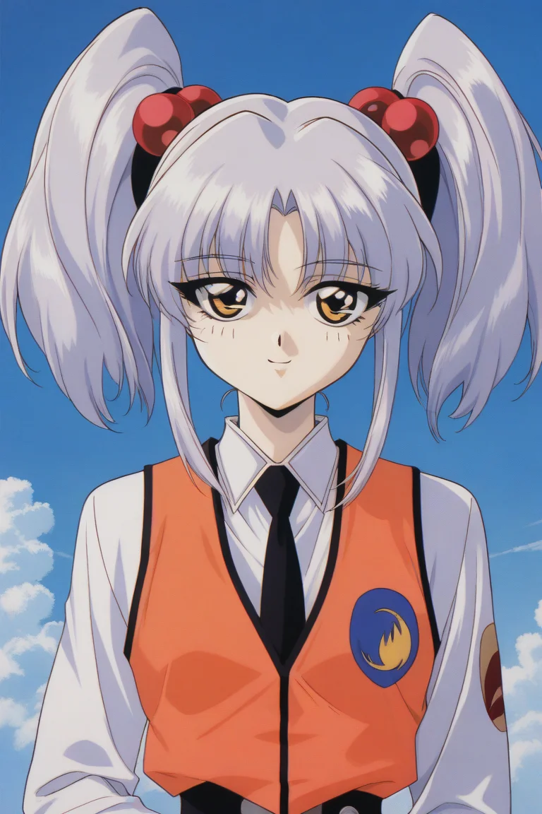 masterpiece, best quality, source_anime,official art,perfect_anatomy,1990s_\(style\),retro_artstyle, Ruri_Hoshino,silver_hair,hair_bobbles,hair_ornament,necktie,orange_vest,shirt,long_sleeves,uniform,(beautiful detailed face,looking_at_viewer,smile),upper body,close to viewer,day,blue_sky,cloud