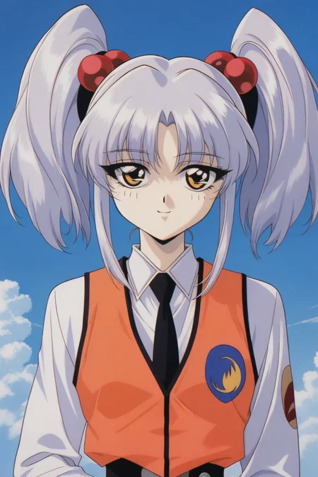 masterpiece, best quality, source_anime,official art,perfect_anatomy,1990s_\(style\),retro_artstyle, Ruri_Hoshino,silver_hair,hair_bobbles,hair_ornament,necktie,orange_vest,shirt,long_sleeves,uniform,(beautiful detailed face,looking_at_viewer,smile),upper body,close to viewer,day,blue_sky,cloud