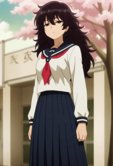 masterpiece,perfect quality,best quality,absolutely eye-catching,absurdres,highres,newest,anime coloring, anime screencap,(1girl,solo),Calligraphy_Girl, long hair, messy hair, black hair, large breasts, serafuku, school uniform, red neckerchief, blue skirt, long skirt, standing, looking at viewer, outdoors, sunny, school, sakura trees, cherry blossoms