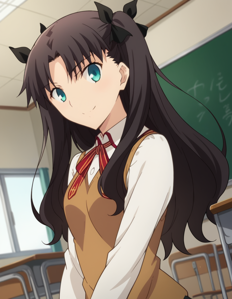 score_9, score_8_up, score_7_up, source_anime,
rintohsaka, <lora:rin-tohsaka-ubw-ponyxl-lora-nochekaiser:1>,
rin tohsaka, aqua eyes, black hair, hair ribbon, long hair, ribbon, sidelocks, two side up, parted bangs,
brown sweater vest, collared shirt, homurahara academy school uniform, neck ribbon, red ribbon, ribbon, school uniform, shirt, sweater vest, white shirt,
indoors, classroom, smile,
looking at viewer, dutch angle, cowboy shot,