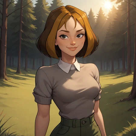 score_9, score_8, BREAK, solo, brown hair, black eyes, lips, collared shirt, grey sweater, short sleeves, green pants, dark skin, freckles, breasts, Total Drama, Courtney_(Total_Drama), sexy pose, smile, outdoors, sunlight, shadows, evening lighting, natural lighting, forest, trees, grass, orange sky, sunset
