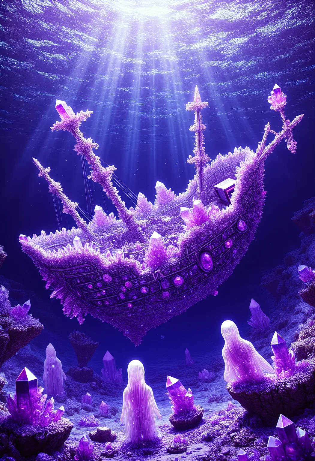 The Amethyst Shipwreck of the Endless Ocean
A long-forgotten pirate ship made of sparkling amethyst crystals lies half-submerged in the middle of a vast, shimmering purple sea. The shipâs masts are fractured but still reach skyward, their faceted surfaces catching the light of a setting sun. Crystalline barnacles cling to the hull, and glowing amethyst coral has begun to engulf the deck. Ghostly figures with translucent, amethyst-like skin move silently through the wreckage, their faint purple glow illuminating the depths. Above, the surface ripples with waves that shimmer like liquid amethyst.