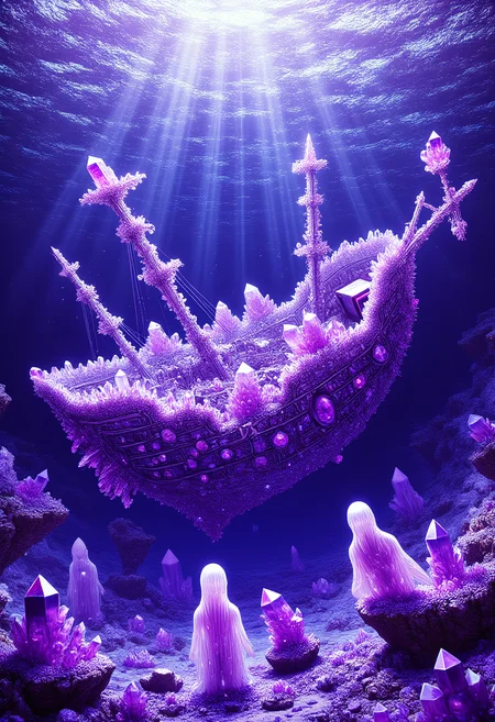 The Amethyst Shipwreck of the Endless Ocean
A long-forgotten pirate ship made of sparkling amethyst crystals lies half-submerged in the middle of a vast, shimmering purple sea. The shipâs masts are fractured but still reach skyward, their faceted surfaces catching the light of a setting sun. Crystalline barnacles cling to the hull, and glowing amethyst coral has begun to engulf the deck. Ghostly figures with translucent, amethyst-like skin move silently through the wreckage, their faint purple glow illuminating the depths. Above, the surface ripples with waves that shimmer like liquid amethyst.
