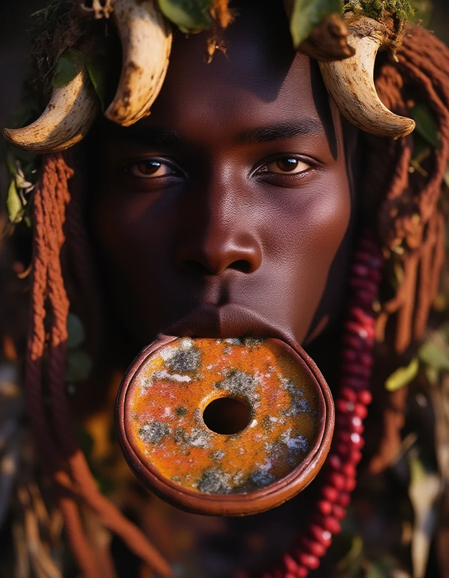 a Murs1 woman, showcasing her distinct facial features and traditional adornments. Her skin is a rich, deep brown, with high, prominent cheekbones and a broad, flat nose, emphasizing her striking natural beauty. Her piercing gaze exudes strength and wisdom, a reflection of her cultural resilience. Her ears are adorned with intricately designed wooden or clay plugs, extending her earlobes in traditional style. Around her neck are multiple layers of carefully hand-strung, colorful beaded necklaces, each bead telling a story of heritage and identity. Her hair is styled in short, tight braids coated with organic mud and natural pigments in earthy ochre tones. The iconic large ceramic lip plate (dhebi a tugoin) accentuates her appearance, decorated with fine hand-painted patterns symbolizing Murs1 artistry. Every detail, from her facial features to her traditional jewelry, is rendered in highly realistic textures and vibrant detail, capturing the essence of her identity within the cultural context.
<lora:mursi:1>
<lora:style_of_James_Bidgood_flux_358:1> style, james, bidgood, beautiful light set up, dynamic range lighting, RAW candid cinema, 16mm, color graded portra 400 film, remarkable color, ultra realistic, textured skin, remarkable detailed pupils, realistic dull skin noise, visible skin detail, skin fuzz, dry skin, shot with cinematic camera