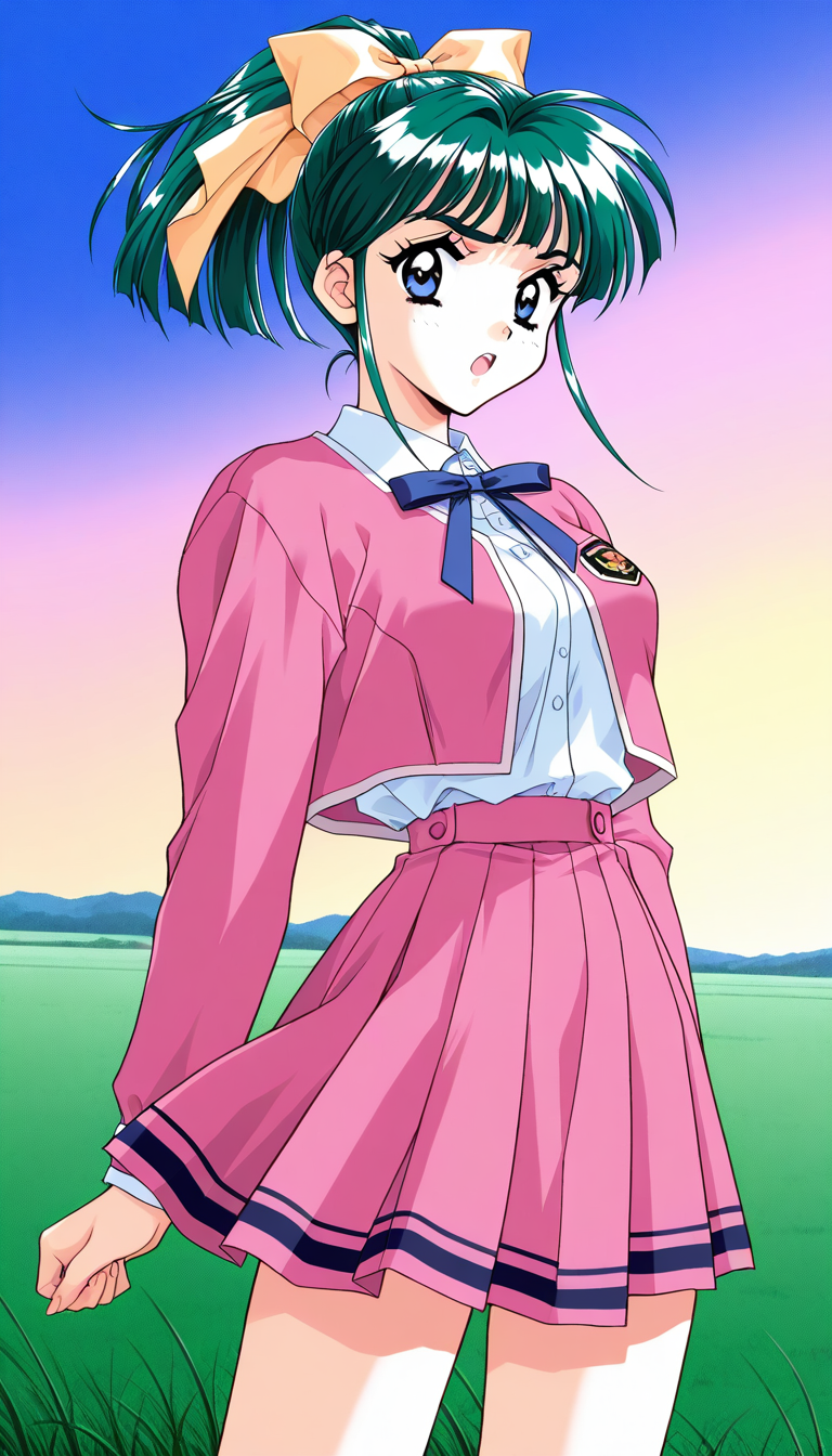 masterpiece, best quality, good quality, <lora:IijimaMiyuki_IS:1>IijimaMiyuki, 1girl, solo, green hair, short hair, ponytail, blue eyes, Yellow bow, hair bow, bangs, breasts,1990s (style),kadoi aya style, 
pink skirt, blue lin in skirt, BREAK,
school uniform, blue ribbon, frown, open mouth, ribbon, long sleeves, pink jacket, looking at viewer, shirt, grass, sky, standing, cowboy_Shot,