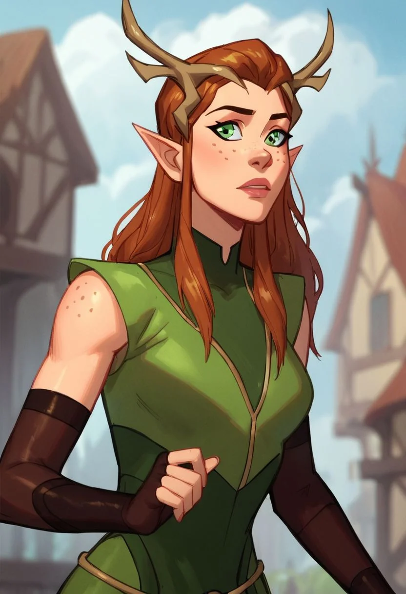 Score_9,score_8_up,score_7_up,score_6_up,score_5_up,score_4_up,<lora:keyleth-ponyxl-lora-nochekaiser:1>,1girl,antlers,blurry background,brown hair,elbow gloves,freckles,green dress,green eyes,holding,keyleth,long hair,outdoors,pointy ears,solo,