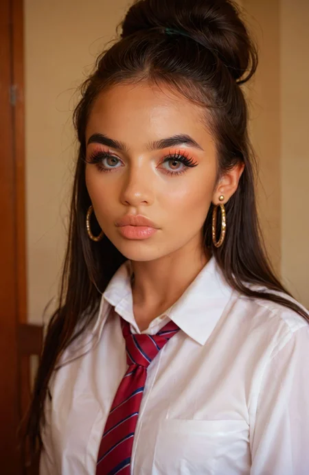 <lora:chav_pny-6:0.7> chav style, 1girl, solo, long hair, looking at viewer, shirt, black hair, hair bun, jewelry, school uniform, white shirt, earrings, necktie, collared shirt, lips, eyelashes, makeup, realistic, nose, straight hair, large forehead, puckered lips,, score_9, score_8_up, score_7_up, score_6_up, score_5_up, score_4_up