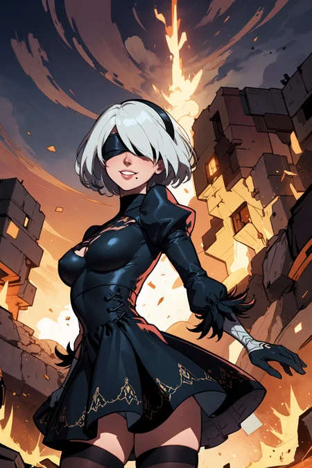 1girl, (solo:1.2), (jumping:1.3), (mid air:1.3), (cowboy shot:1.5), smile, happy, (masterpiece:1.3), (best quality:1.3), (perfect anatomy:1.4), highly detailed, <lora:Nier - 2B [h_madoka - v2.0]:0.7> hm2b, black blindfold, covered eyes, mole under mouth, clothing cutout, long sleeves, puffy sleeves, juliet sleeves, feather trim, black thighhighs, black gloves, black dress, black skirt, (lava river:1.2), volcanic scenery:1.2), dark clouds, colcano, magma, orange backlight, outside, <lora:ThiccwithaQ [MockAi - v1.0]:0.8> nyantcha, expressive faces, anime-inspired, (cell shading:1.2)