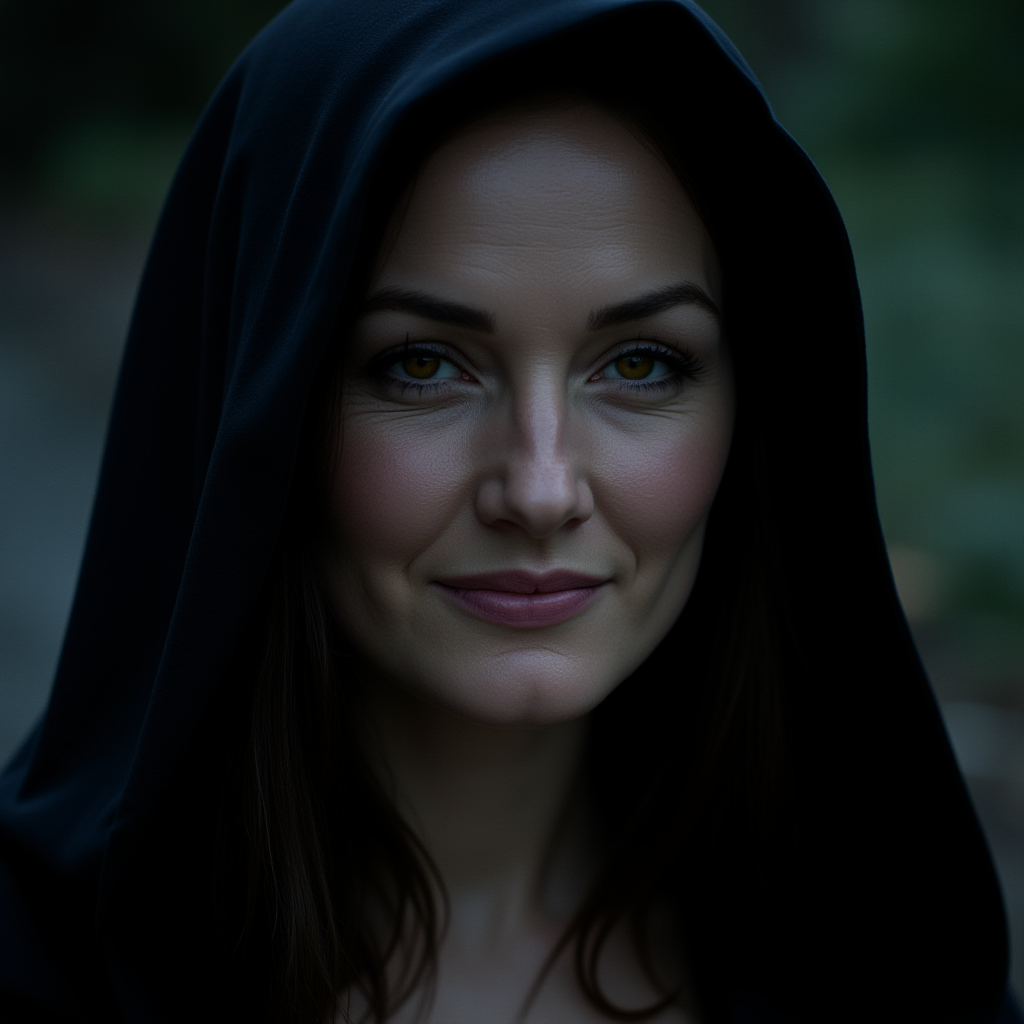 cinematic film still of  <lora:perfection style v2d:0.9>
A perfect photo of a wicked witch woman with a hood on smiling and wearing a hood,solo,looking at viewer,smile,1boy,yellow eyes,male focus,teeth,hood,grin,portrait,hood up,realistic,nose , detailed face, detailed body, detailed hands, detailed eyes, detailed nose, detailed ears, detailed hair, detailed, perfection, detailed teeth, detailed skin texture, wrinkly, detailed fingers, detailed mouth, beauty, realism, real, detailed hair, detailed pores, detailed background, sharp image, detailed lips, different race, different color, different haircut, different skin tone, different, different people, different pose, perfection style, shallow depth of field, vignette, highly detailed, high budget, bokeh, cinemascope, moody, epic, gorgeous, film grain, grainy