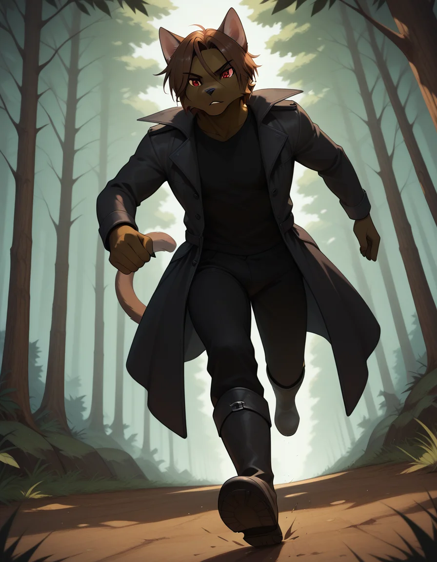 masterpiece, best quality, amazing quality, (carlos_gamerfox:1), ((male focus, 1boy, solo)), male, full body, anthro cat, cat ears, cat tail, from below, red eyes, coat, shirt, boots, pants, ((running)), forest background, <lora:Illustrious\Carlos-Illustrious.safetensors:1.0:1.0>