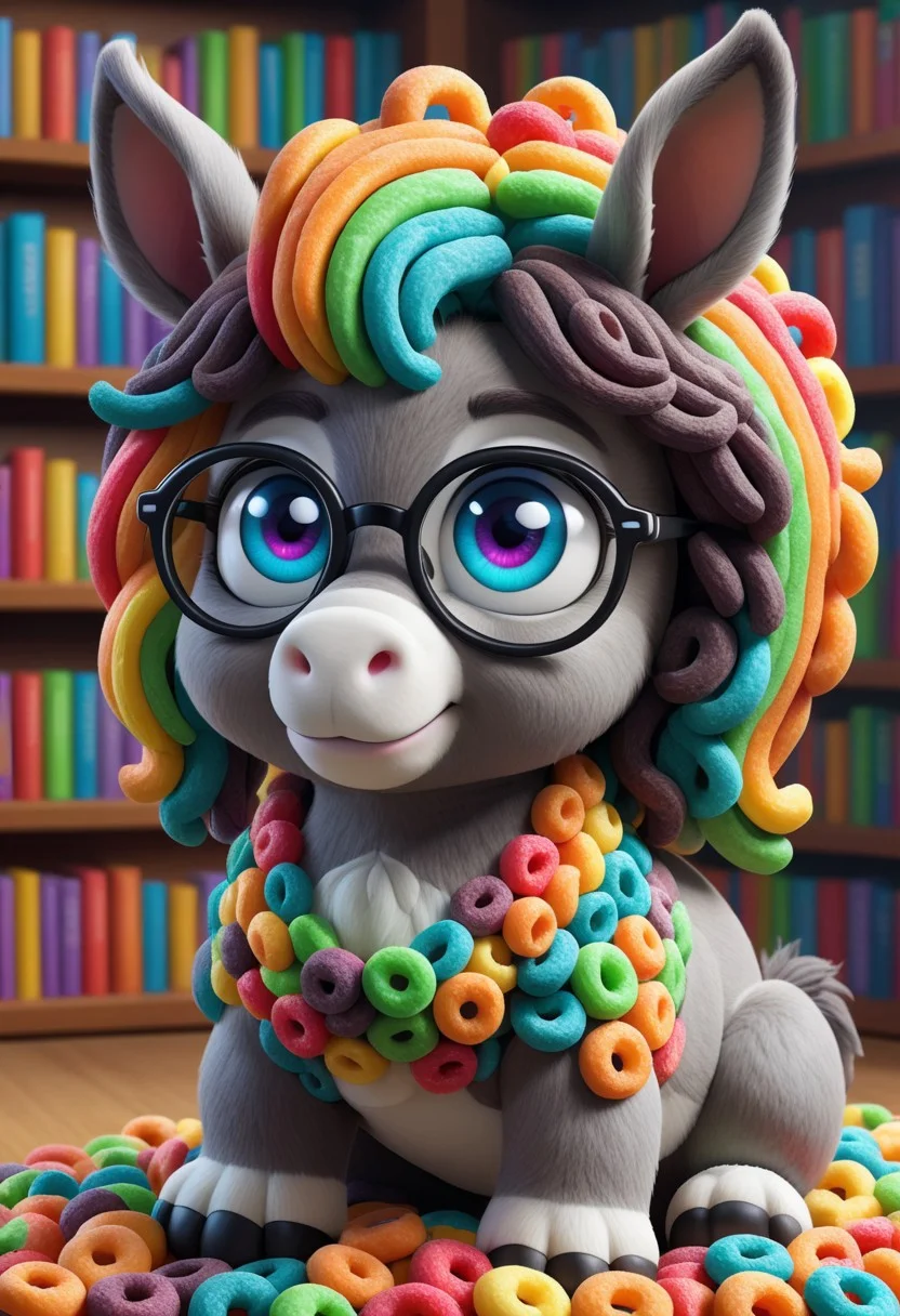 a cute chibby donkey with big rainbow eyes made made of fruit loops, very detailed, 4k, sharp, (wearing glasses), intelligent donkey, library background