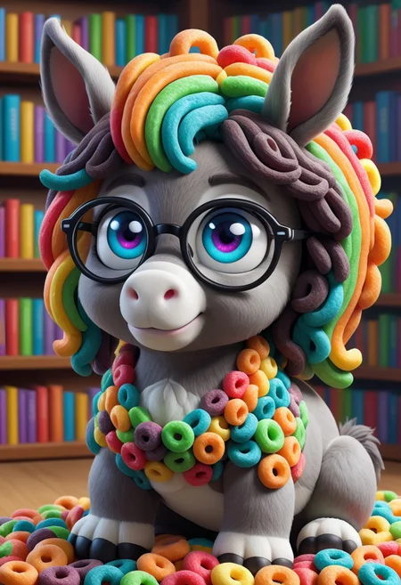 a cute chibby donkey with big rainbow eyes made made of fruit loops, very detailed, 4k, sharp, (wearing glasses), intelligent donkey, library background