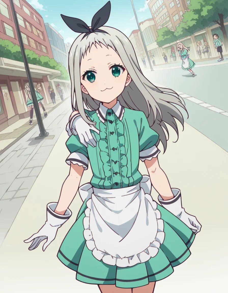 score_9, score_8_up, score_7_up, source_anime, <lora:hideri-kanzaki-s1-ponyxl-lora-nochekaiser:1>, hideri kanzaki, long hair, bow, green eyes, hair bow, grey hair, male focus, hairband, black hairband, otoko no ko, forehead,, gloves, dress, short sleeves, frills, puffy sleeves, white gloves, apron, puffy short sleeves, waist apron, white apron, frilled apron, waitress,, city street, evening, streetlights, walking dog, quiet neighborhood, gentle breeze, smile, looking at viewer, foot on ground, hand on shoulder, elbow out, solo,, cowboy shot, dutch angle