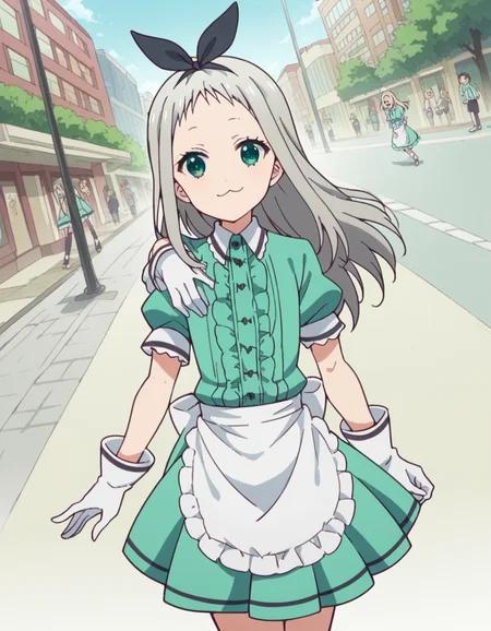 score_9, score_8_up, score_7_up, source_anime, <lora:hideri-kanzaki-s1-ponyxl-lora-nochekaiser:1>, hideri kanzaki, long hair, bow, green eyes, hair bow, grey hair, male focus, hairband, black hairband, otoko no ko, forehead,, gloves, dress, short sleeves, frills, puffy sleeves, white gloves, apron, puffy short sleeves, waist apron, white apron, frilled apron, waitress,, city street, evening, streetlights, walking dog, quiet neighborhood, gentle breeze, smile, looking at viewer, foot on ground, hand on shoulder, elbow out, solo,, cowboy shot, dutch angle
