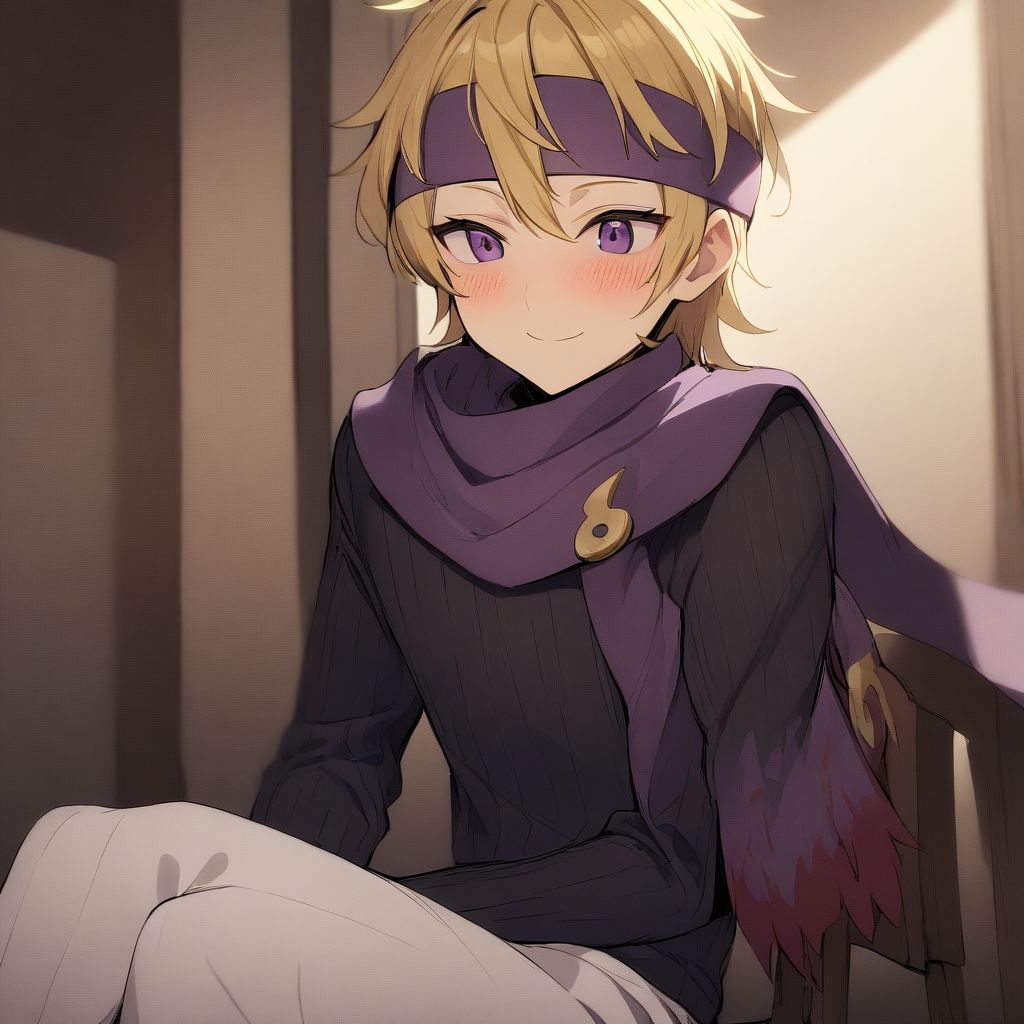 1boy, blonde hair, purple eyes, purple headband, purple scarf, black sweater, ribbed sweater, white pants, solo, best quality, high quality, very aesthetic, abusrdres, smile, blush, sitting, indoors, chair