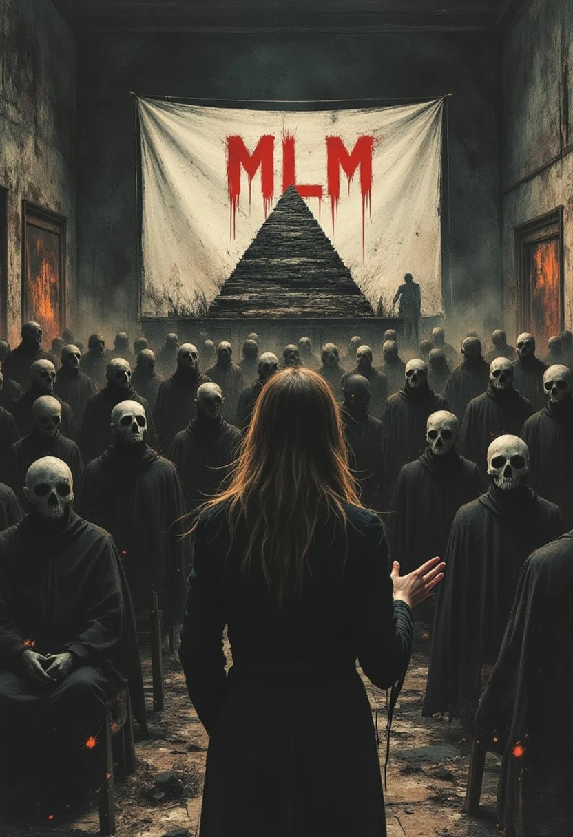 apoca1 illustration. front view of a professional evil looking woman giving a presentation to an audience of robed cult members. The presentation is for "MLM" with pyramid symbolism below the title.