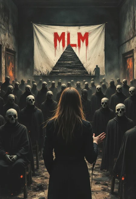 apoca1 illustration. front view of a professional evil looking woman giving a presentation to an audience of robed cult members. The presentation is for "MLM" with pyramid symbolism below the title.