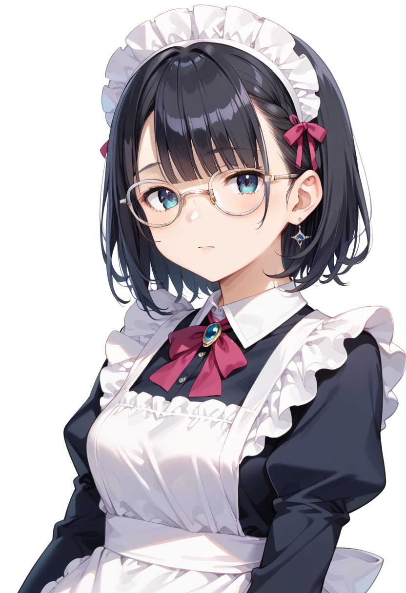 score_9, score_8_up, score_7_up, rating_safe, masterpiece, best quality, absurdres, unity 8k wallpaper, official art, official style, source_anime, uncensored, game cg, megami magazine,
1girl, solo, black hair, medium hair, upper body, covered eyes,maid, maid headdress, black dress, maid apron, face focus,
round_glasses22A, glasses, still life, white background, simple background, white-framed eyewear,
 <lora:glasses_Round_PONY_V1:1>