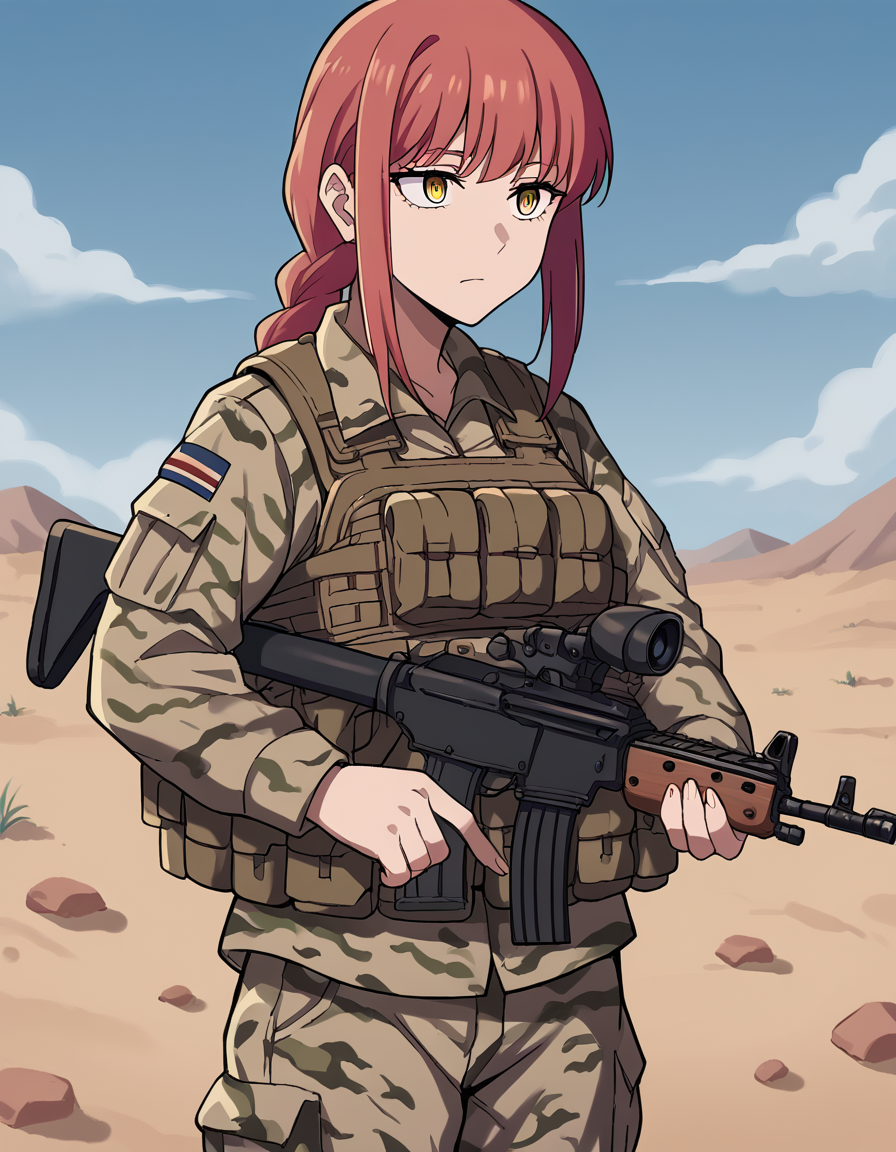 score_9, score_8_up, score_7_up, source_anime, <lora:chainsaw-man-makima-s1-ponyxl-lora-nochekaiser:1> makima, long hair, bangs, yellow eyes, braid, red hair, braided ponytail, ringed eyes, medium breasts,, <lora:military-combat-uniform-ponyxl-lora-nochekaiser:1> military combat uniform, camouflage jacket, camouflage, load bearing best, camouflage pants, soldier, bulletproof vest, combat helmet, assault rifle, rifle,, desert, sun, blue sky,, cowboy shot,