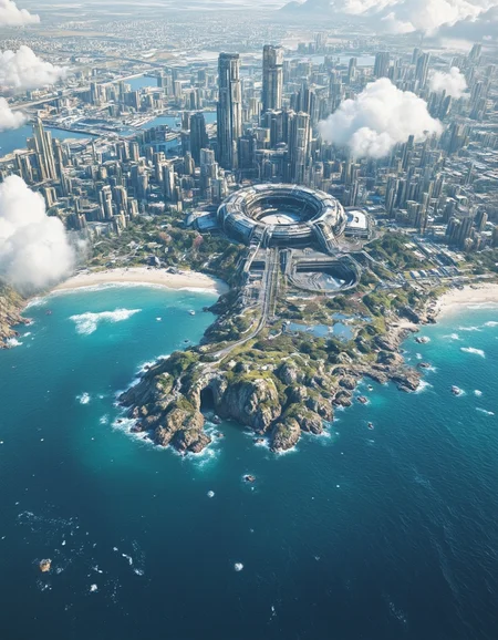 <lora:SWL_Stations1v2flux:1> lostst1, cyberpunk, sea, abandoned cityscape, aerial view, scientific complex, big station, photo