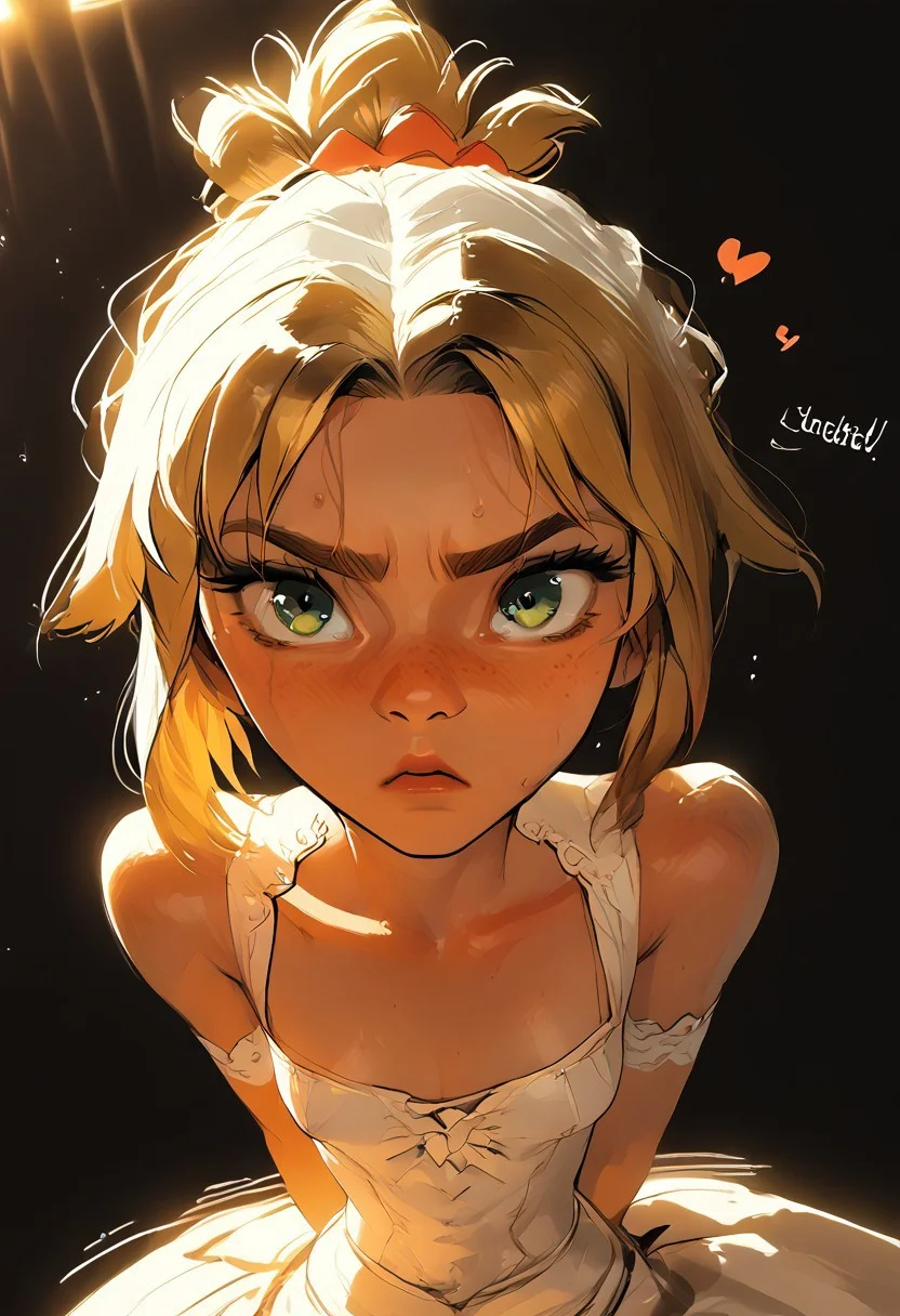 Source_anime, a woman, cute perfect face, (score_9, score_8_up, score_7_up), 1girl, 18 years old, petite, [shortstack], narrow waist, small hips, gorgeous girl ,kawai girl ,  glitter makeup, oiled body, sweaty, blonde hair, short hair, ponytail, red scrunchie cute face, cute girl, looking at viewer, Expressiveh, 1girl. sweat, angry, dissapoint, looking at viewer, large and thin neck, thin, fit body, small ass, small waist, short hair small chest, wide eyes, green eyes, freckles, blonde hair, short hair, Ponytail, small perky breasts, flat chest, puffy nipples, young face, kinky, adorable, petite, DB_Senya dress, wedding dress, round face, 18 years old, cutest girl in the world, cleavage, looking up, volumetric lighting, dramatic lighting, high contrast, horny, head tilted back, raw, depth of field, loving look, looking up, relaxed mouth, noises, sound effects, motion lines, action effects, hearts, floating hearts,(slim fit), , blurry background, light particles, ethereal, rating_explicit, dynamic angle, ncpy13 style, pastels drawing, dark background, motion lines, motion blur
