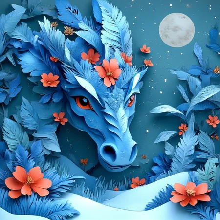 close-up, nose, dragon, winter, blue theme, leaf, red flower, horse, snow, orange flower, full moon, pokemon (creature)